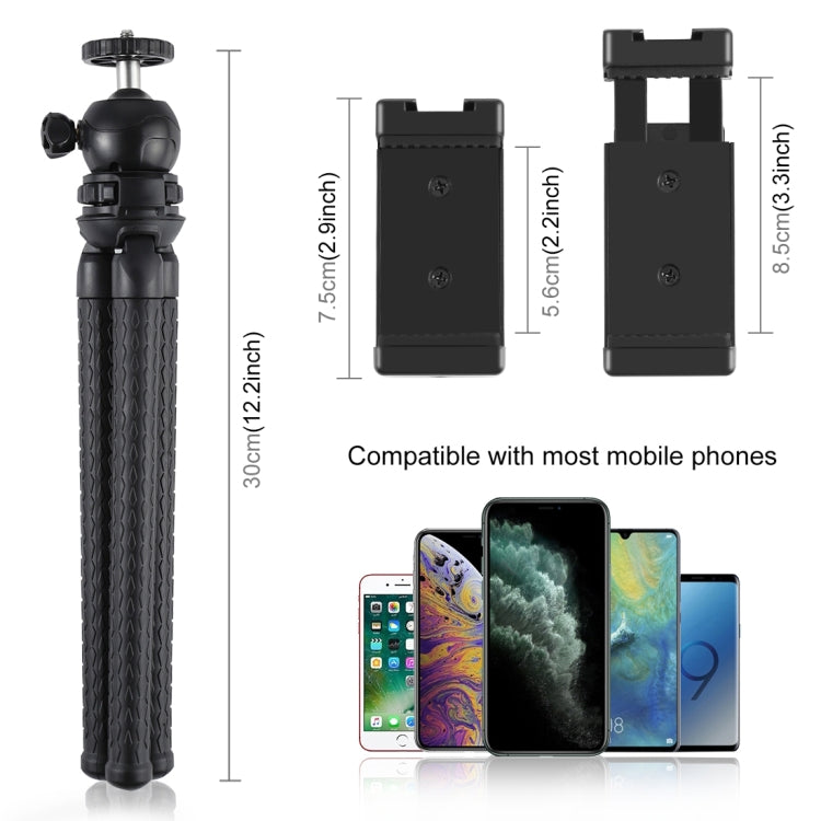 PULUZ Mini Octopus Supporto per treppiede flessibile con testa a sfera e morsetto per telefono + adattatore per treppiede e vite lunga per fotocamere reflex, GoPro, cellulare, dimensioni: 30 cm x 5 cm, 30cm Tripod + Phone Clamp