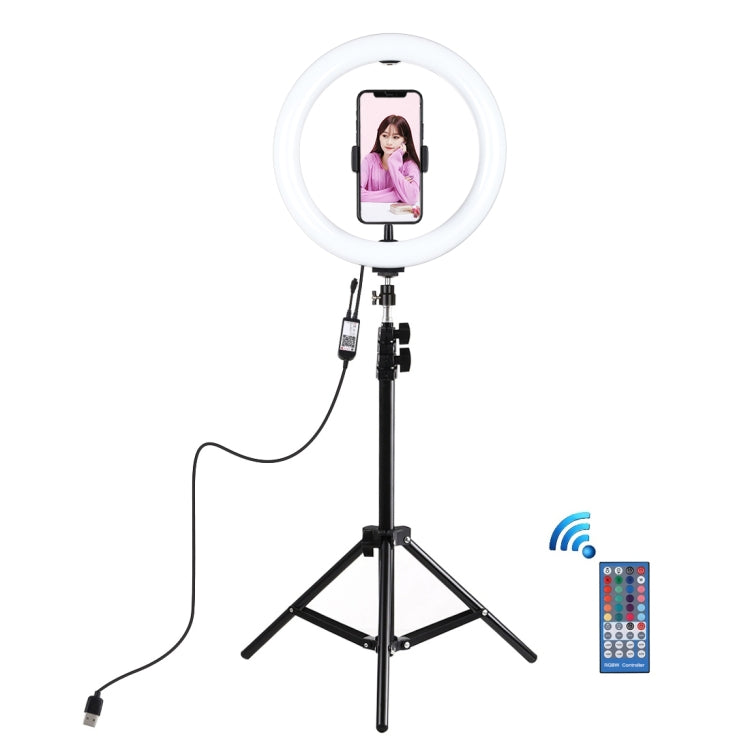 PULUZ Supporto per treppiede da 1,1 m + Anello LED RGBW da 10,2 pollici 26 cm Kit per trasmissione dal vivo con luce video per vlogging con telecomando e testa a sfera per treppiede con attacco freddo e morsetto per telefono, 1.1m Tripod+RGBW with Remote