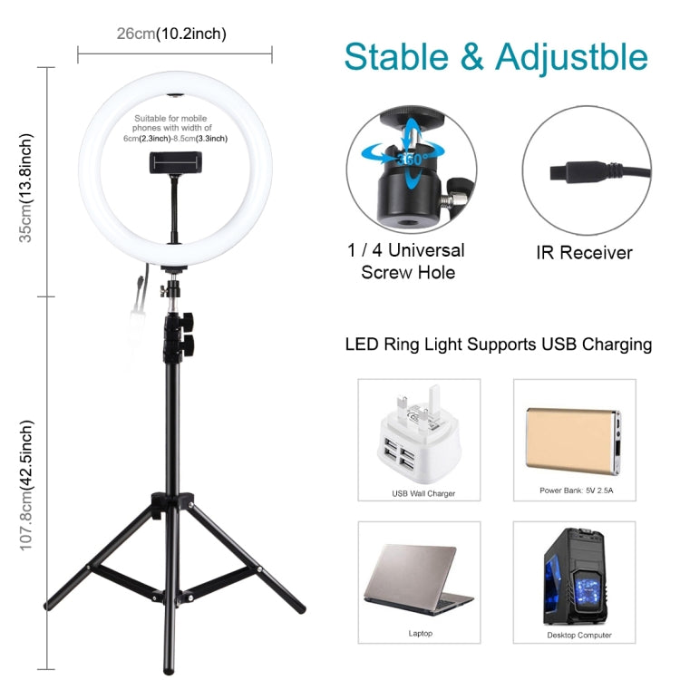 PULUZ Supporto per treppiede da 1,1 m + Anello LED RGBW da 10,2 pollici 26 cm Kit per trasmissione dal vivo con luce video per vlogging con telecomando e testa a sfera per treppiede con attacco freddo e morsetto per telefono, 1.1m Tripod+RGBW with Remote