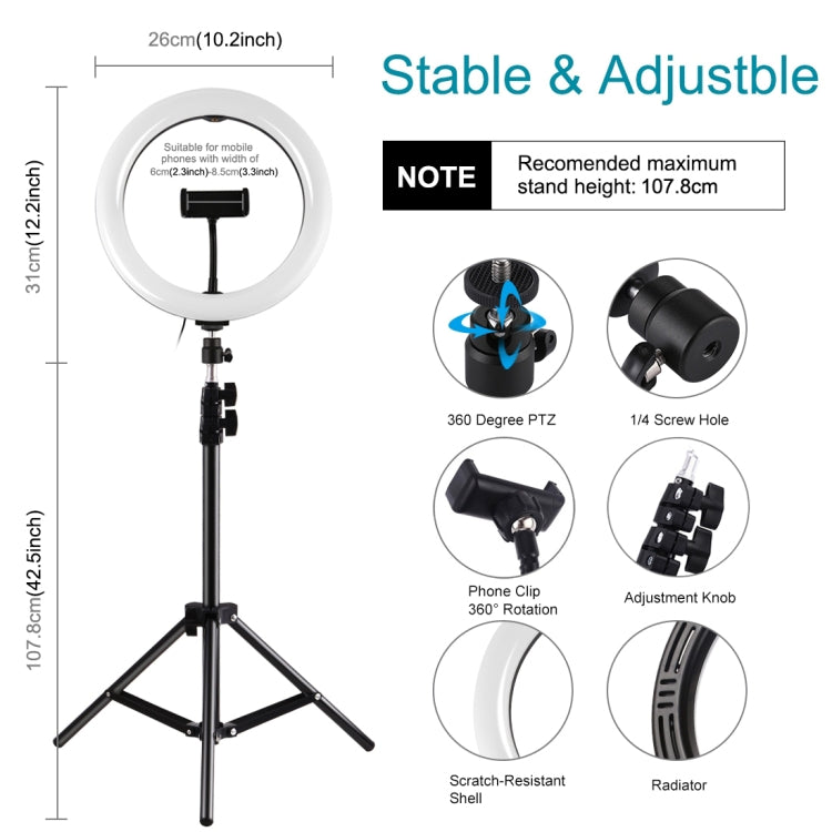 PULUZ Supporto per treppiede da 1,1 m + Kit di trasmissione dal vivo con anello LED RGBW da 10,2 pollici e 26 cm per vlogging con testa a sfera per treppiede e morsetto per telefono, 1.1m Tripod Mount+RGBW =Light