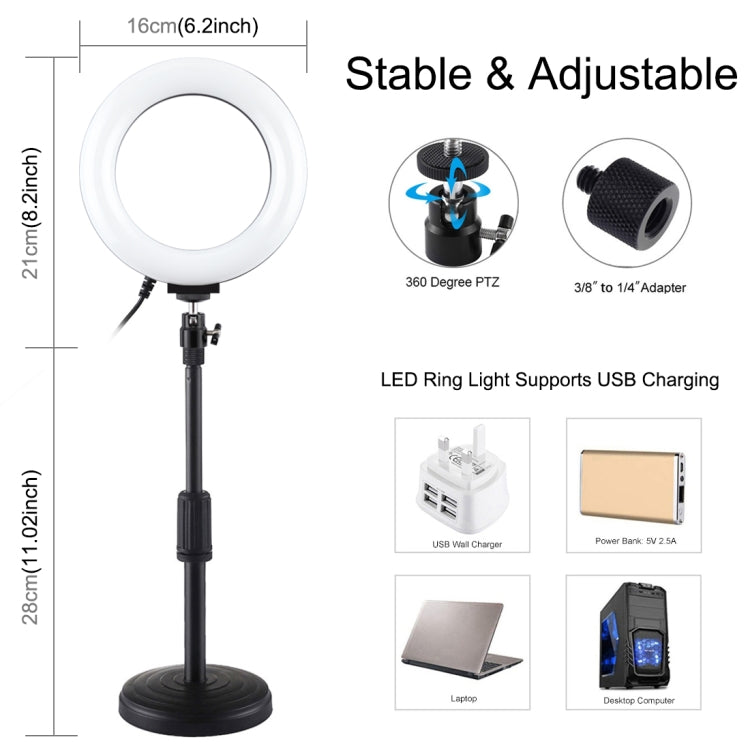 PULUZ 6,2 pollici 16 cm USB 10 modalità 8 colori RGBW dimmerabile anello LED Vlogging fotografia luci video + base rotonda supporto da tavolo con testa a sfera per treppiede con slitta fredda, 6.2 inch RGBW+Desktop Mount