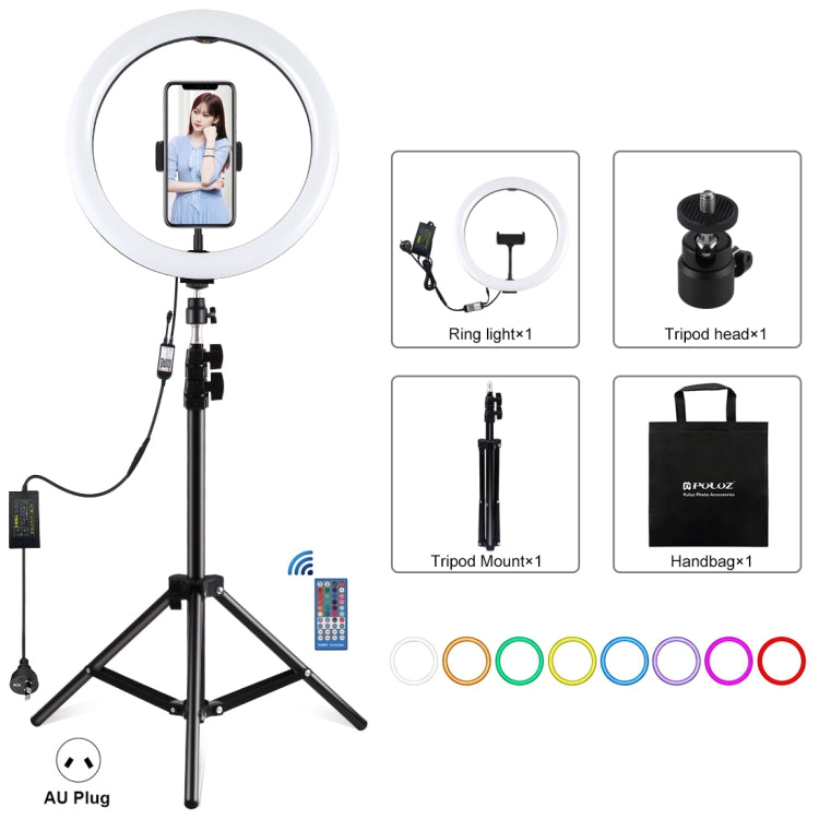 PULUZ 11,8 pollici 30 cm RGB Luce 1,1 m Supporto per treppiede Dimmerabile Anello LED Vlogging Selfie Fotografia Luci video Kit di trasmissione dal vivo con testa a sfera per treppiede con slitta fredda e morsetto per telefono, 12 inch RGB+Tripod(EU)