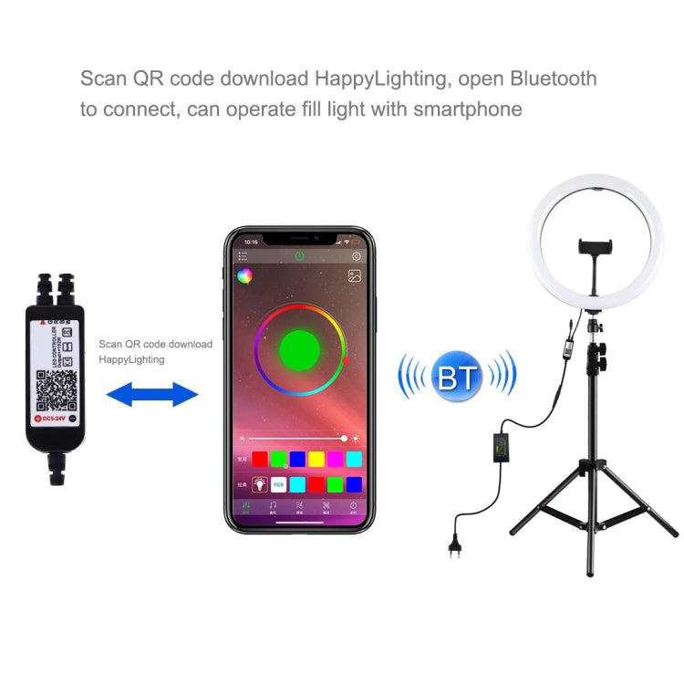 PULUZ 11,8 pollici 30 cm RGB Luce 1,1 m Supporto per treppiede Dimmerabile Anello LED Vlogging Selfie Fotografia Luci video Kit di trasmissione dal vivo con testa a sfera per treppiede con slitta fredda e morsetto per telefono, 12 inch RGB+Tripod(EU)