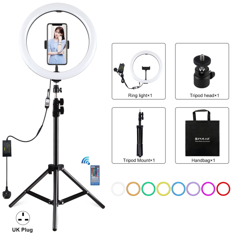 PULUZ 11,8 pollici 30 cm RGB Luce 1,1 m Supporto per treppiede Dimmerabile Anello LED Vlogging Selfie Fotografia Luci video Kit di trasmissione dal vivo con testa a sfera per treppiede con slitta fredda e morsetto per telefono, 12 inch RGB+Tripod(EU)