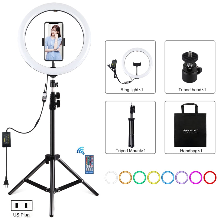 PULUZ 11,8 pollici 30 cm RGB Luce 1,1 m Supporto per treppiede Dimmerabile Anello LED Vlogging Selfie Fotografia Luci video Kit di trasmissione dal vivo con testa a sfera per treppiede con slitta fredda e morsetto per telefono, 12 inch RGB+Tripod(EU)