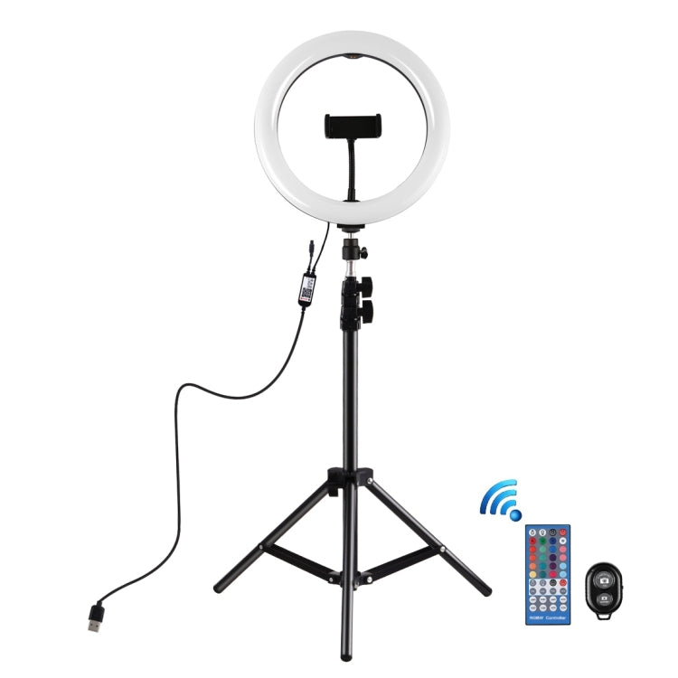 PULUZ Supporto per treppiede da 1,1 m + Superficie curva da 10,2 pollici 26 cm RGBW LED Anello Vlogging Luce video Kit di trasmissione dal vivo con telecomando e morsetto per telefono