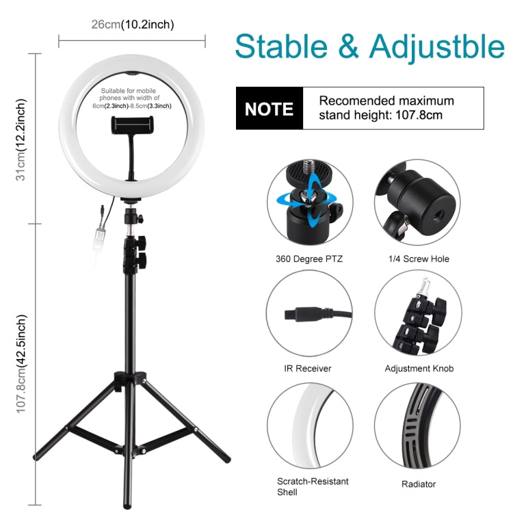 PULUZ Supporto per treppiede da 1,1 m + Superficie curva da 10,2 pollici 26 cm RGBW LED Anello Vlogging Luce video Kit di trasmissione dal vivo con telecomando e morsetto per telefono