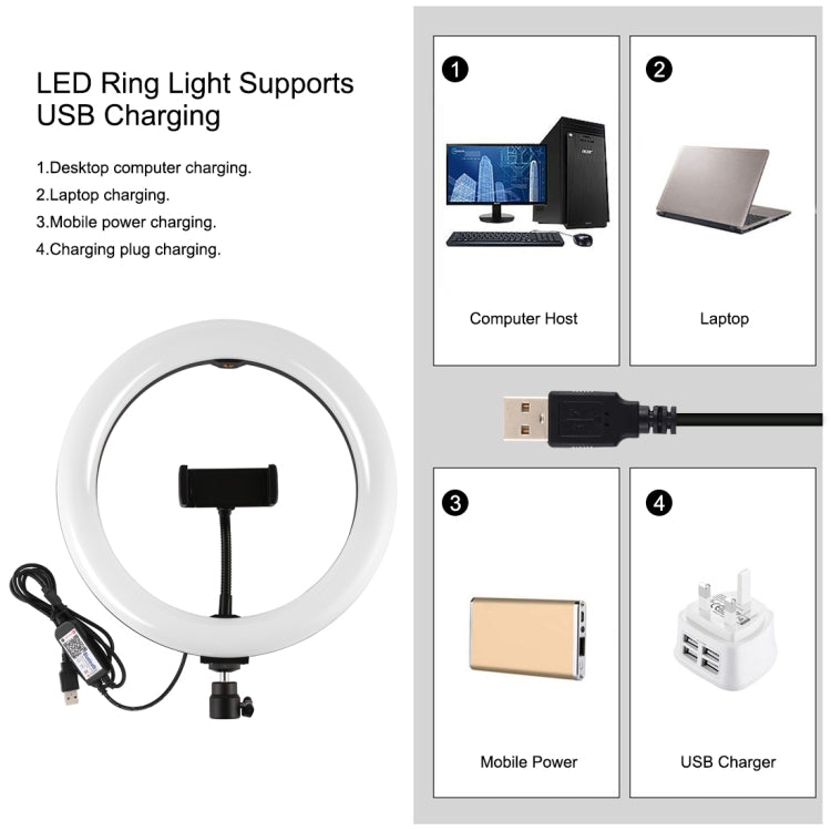 PULUZ Supporto per treppiede da 1,1 m + Superficie curva da 10,2 pollici 26 cm RGBW LED Anello Vlogging Luce video Kit di trasmissione dal vivo con telecomando e morsetto per telefono