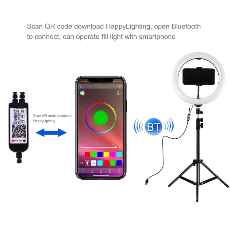 PULUZ Supporto per treppiede da 1,1 m + Superficie curva da 10,2 pollici 26 cm RGBW LED Anello Vlogging Luce video Kit di trasmissione dal vivo con telecomando e morsetto per telefono