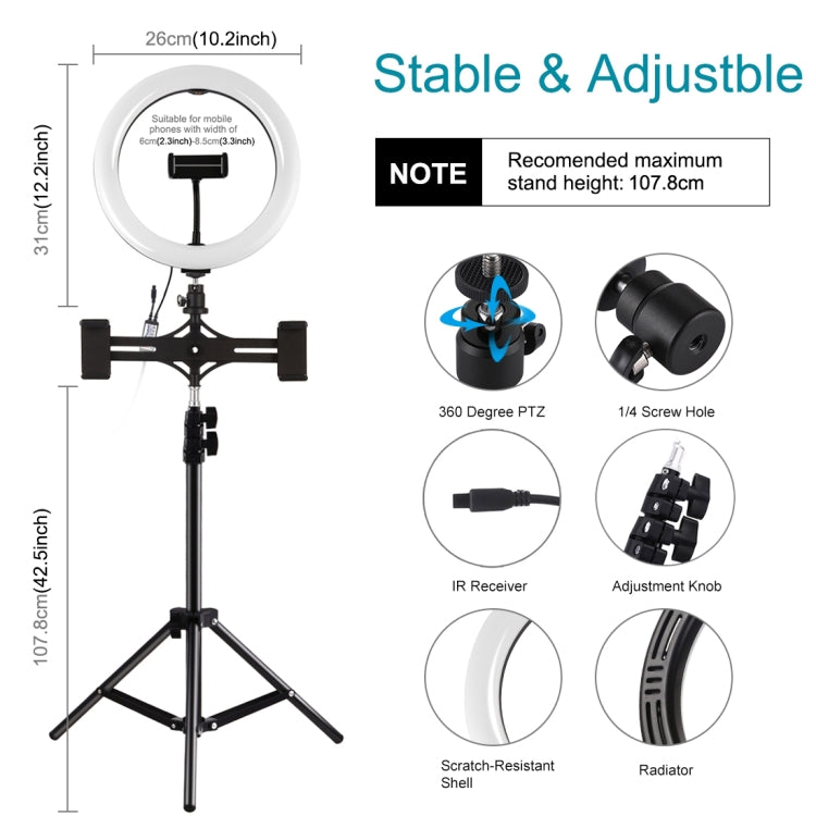 PULUZ Anello luminoso LED RGBW con superficie curva da 10,2 pollici 26 cm + Supporto per treppiede da 1,1 m + Staffe per doppio telefono Supporto orizzontale + Kit di trasmissione live per luce video Vlogging con telecomando e morsetto per telefono