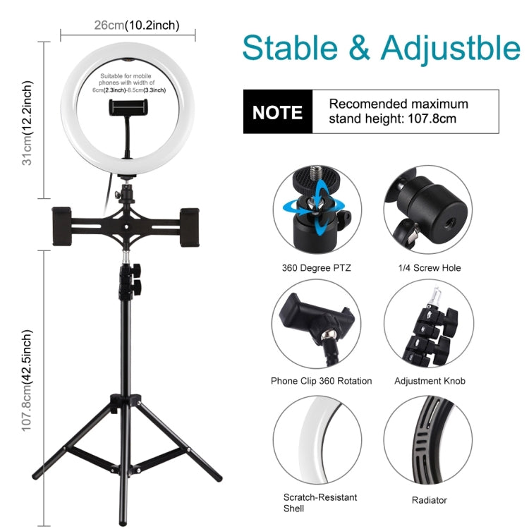 PULUZ Staffe per doppio telefono Supporto orizzontale + Supporto per treppiede da 1,1 m + Kit di trasmissione dal vivo con luce video per vlogging ad anello LED da 10,2 pollici 26 cm