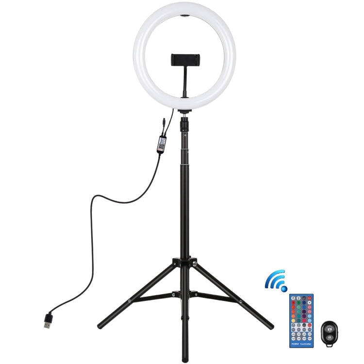 PULUZ 10,2 pollici 26 cm RGBW Luce + 1,65 m Supporto per treppiede Superficie curva USB RGBW Dimmerabile Anello LED Vlogging Luce video Kit di trasmissione dal vivo con testa a sfera per treppiede con slitta fredda e morsetto per telefono e telecomando