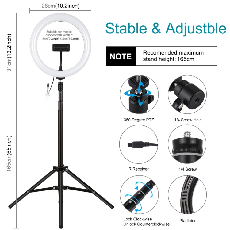 PULUZ 10,2 pollici 26 cm RGBW Luce + 1,65 m Supporto per treppiede Superficie curva USB RGBW Dimmerabile Anello LED Vlogging Luce video Kit di trasmissione dal vivo con testa a sfera per treppiede con slitta fredda e morsetto per telefono e telecomando