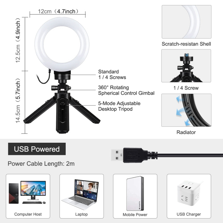 PULUZ 4,7 pollici 12 cm USB 3 modalità dimmerabile anello LED Vlogging fotografia luci video + kit di montaggio per treppiede tascabile con testa a sfera per treppiede con slitta fredda, 4.7 inch Light+Pocket Tripod