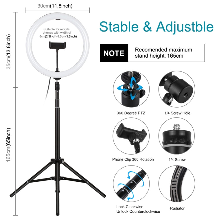 PULUZ 11,8 pollici 30 cm luce + 1,65 m supporto per treppiede superficie curva USB 3 modalità dimmerabile doppia temperatura colore anello LED Vlogging luce video kit di trasmissione dal vivo con morsetto per telefono, 11.8 inch+1.65m Tripod