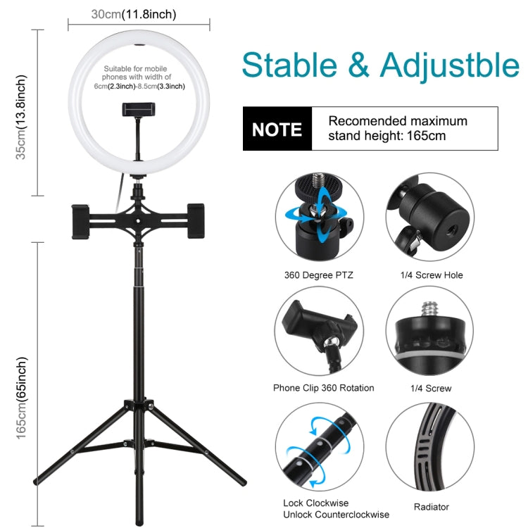 PULUZ 11,8 pollici 30 cm luce + treppiede da 1,65 m + supporto per doppio telefono superficie curva USB 3 modalità dimmerabile doppia temperatura colore anello LED Vlogging luce video kit di trasmissione dal vivo con morsetto per telefono