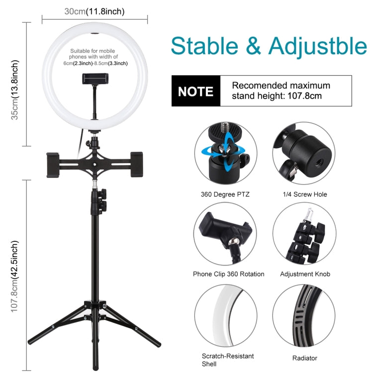 PULUZ Luce da 11,8 pollici 30 cm + Supporto per treppiede da 1,1 m + Staffe per doppio telefono Superficie curva USB 3 modalità Dimmerabile Doppia temperatura colore Anello LED Vlogging Luce video Kit di trasmissione dal vivo con morsetto per telefono