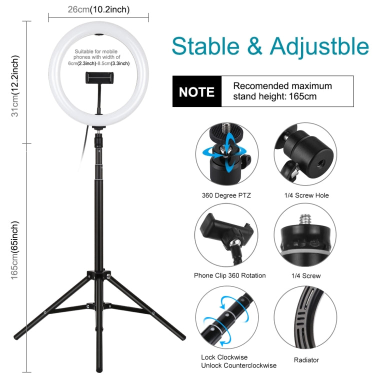 PULUZ 10,2 pollici 26 cm Luce + 1,65 m Supporto per treppiede Superficie curva USB 3 modalità Dimmerabile Doppio colore Anello di temperatura Vlogging Luce video Kit di trasmissione dal vivo con morsetto per telefono e telecomando per selfie