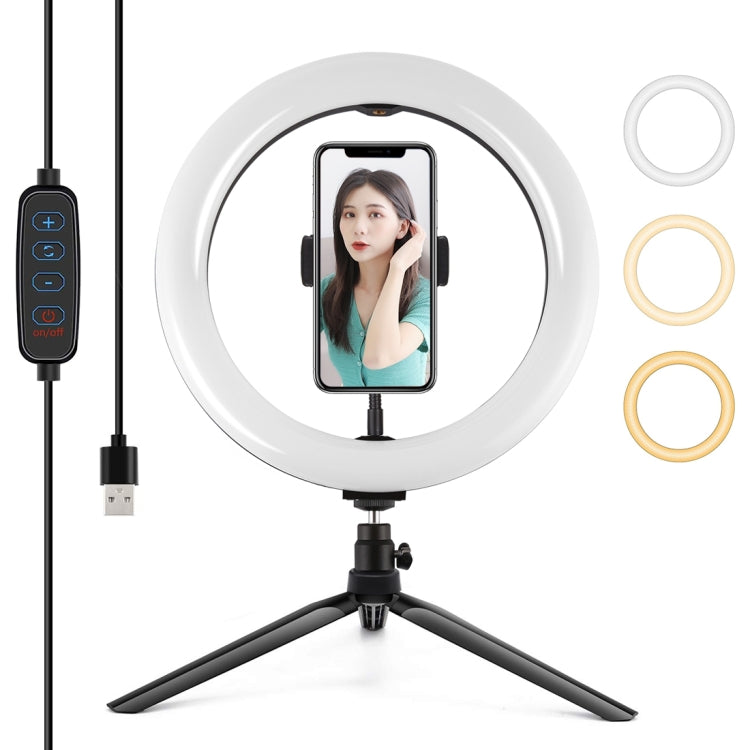 PULUZ 10.2 pollici 26 cm Selfie Beauty Light + Supporto per treppiede da tavolo USB 3 modalità Dimmerabile Anello LED Vlogging Selfie Fotografia Luci video con testa a sfera per treppiede con slitta fredda e morsetto per telefono