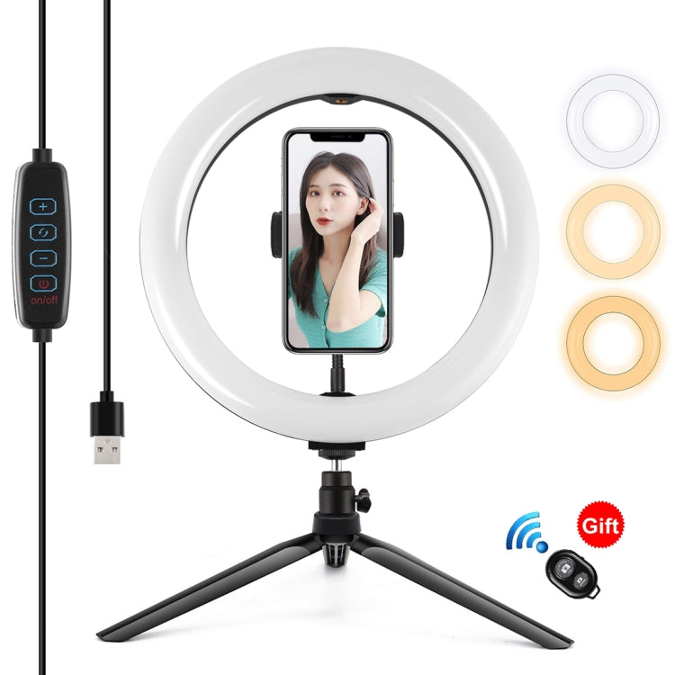 PULUZ 10,2 pollici 26 cm Luce + Supporto per treppiede da tavolo USB 3 modalità Dimmerabile Doppia temperatura colore LED Luce diffusa curva Anello Vlogging Selfie Fotografia Luci video con morsetto per telefono, 10.2 inch + Desktop Tripod