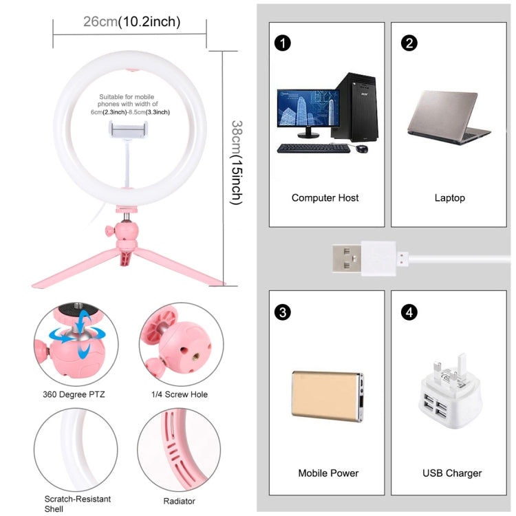PULUZ 10,2 pollici 26 cm Luce + Supporto per treppiede da tavolo USB 3 modalità Dimmerabile Doppia temperatura colore LED Luce diffusa curva Anello Vlogging Selfie Fotografia Luci video con morsetto per telefono, 10.2 inch + Desktop Tripod