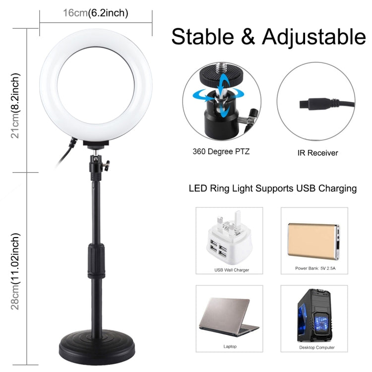 PULUZ 6,2 pollici 16 cm RGBW Luce + Base rotonda Supporto da tavolo USB Dimmerabile Anello LED Vlogging Fotografia Luci video con testa a sfera per treppiede con slitta fredda e telecomando, Desktop Mount + 6.2 inch RGBW / Remote