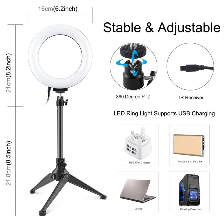 PULUZ 6,2 pollici 16 cm RGBW Luce + Supporto per treppiede da tavolo + Anello LED dimmerabile USB Vlogging Fotografia Luci video con testa a sfera per treppiede con slitta fredda e telecomando, Tripod Mount + 6.2 inch RGBW / Remote