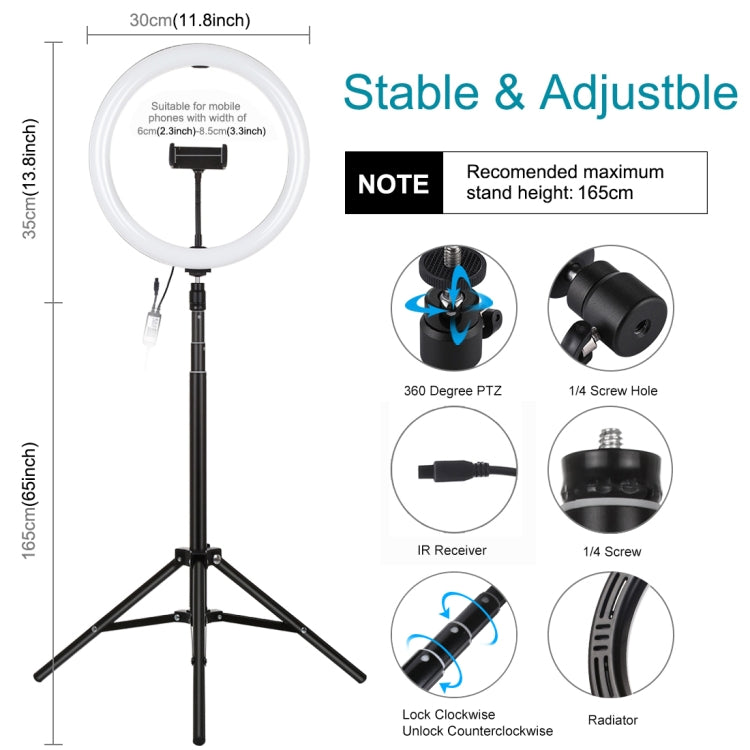 PULUZ 11,8 pollici 30 cm RGBW Luce + 1,65 m Superficie curva RGBW Dimmerabile Anello LED Selfie Vlogging Luce Kit di trasmissione dal vivo con adattatore per treppiede con slitta fredda e morsetto per telefono e telecomando, 11.8 inch RGBW+1.65m Tripod