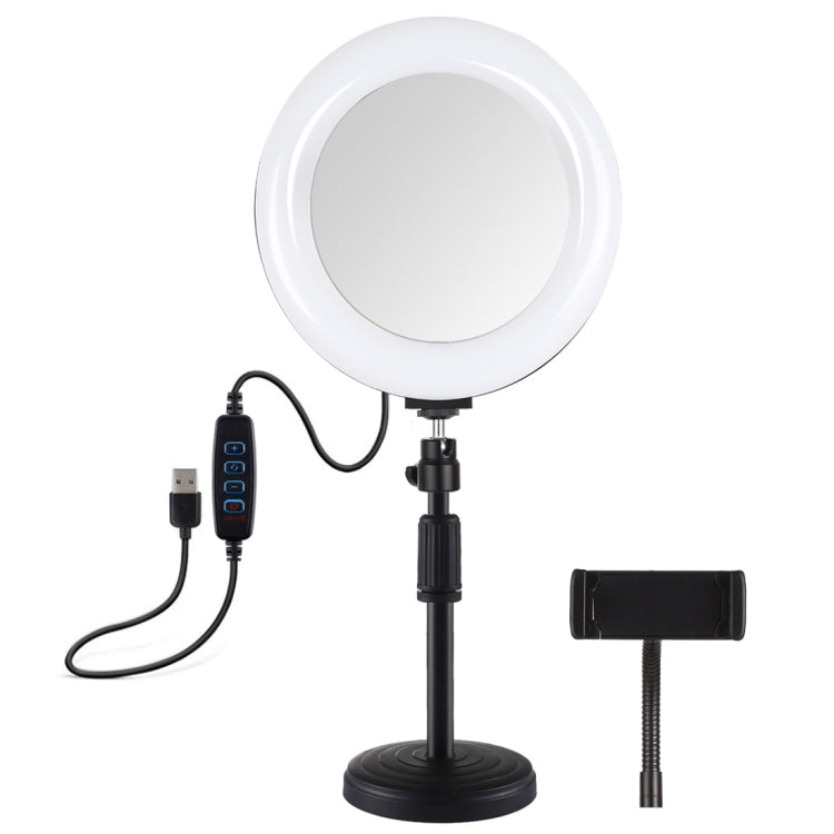 PULUZ 7,9 pollici 20 cm Luce per specchio + Base rotonda Supporto da tavolo 3 modalità Dimmerabile Doppia temperatura colore LED Anello luminoso curvo Vlogging Selfie Fotografia Luci video con morsetto per telefono, 7.9 inch+Desktop Mount+Mirror