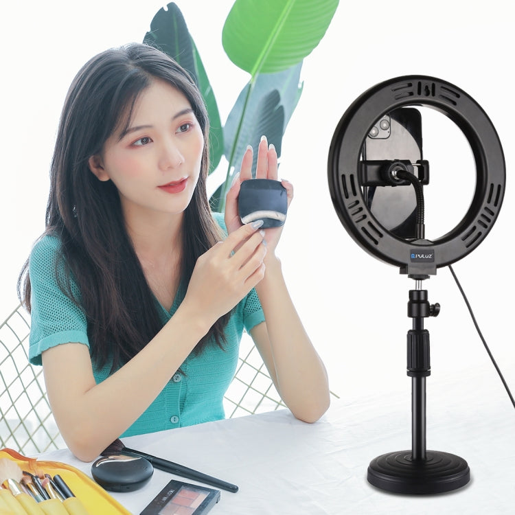 PULUZ 7,9 pollici 20 cm Luce per specchio + Base rotonda Supporto da tavolo 3 modalità Dimmerabile Doppia temperatura colore LED Anello luminoso curvo Vlogging Selfie Fotografia Luci video con morsetto per telefono, 7.9 inch+Desktop Mount+Mirror