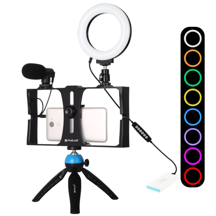 PULUZ 4 in 1 Vlogging Live Broadcast Smartphone Video Rig + Anello RGBW da 4,7 pollici 12 cm LED Selfie Light + Microfono + Kit di montaggio per treppiede tascabile con testa per treppiede con slitta fredda, 4-in-1, 4-in-1 RGBW Ring LED