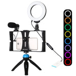 PULUZ 4 in 1 Vlogging Live Broadcast Smartphone Video Rig + Anello RGBW da 4,7 pollici 12 cm LED Selfie Light + Microfono + Kit di montaggio per treppiede tascabile con testa per treppiede con slitta fredda, 4-in-1, 4-in-1 RGBW Ring LED