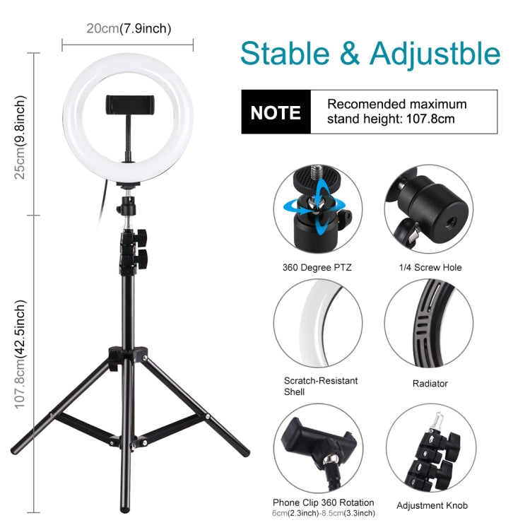 Luce anello LED 7,9" con treppiede 1,1m e morsetto USB