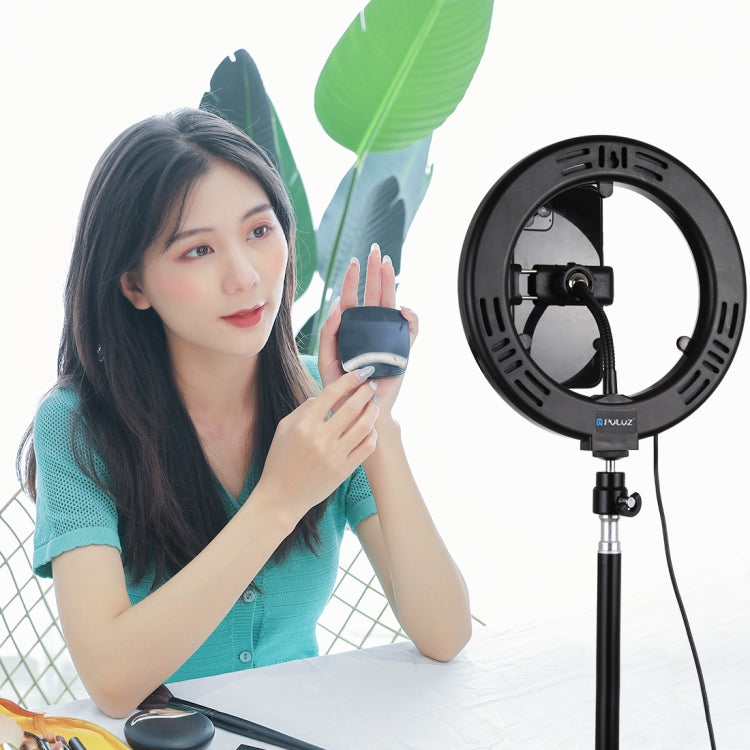 PULUZ 7,9 pollici 20 cm Luce per specchio + 1,1 m Supporto per treppiede USB 3 modalità Dimmerabile Doppia temperatura colore LED Anello luminoso curvo Vlogging Selfie Fotografia Luci video con specchio e morsetto per telefono