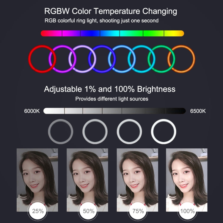 PULUZ 7,9 pollici 20 cm USB RGB Luce + 1,1 m Supporto per treppiede Dimmerabile LED Doppia temperatura colore LED Anello luminoso curvo Vlogging Selfie Fotografia Luci video con morsetto per telefono, 7.9 inch RGBWW + 1.1m Mount