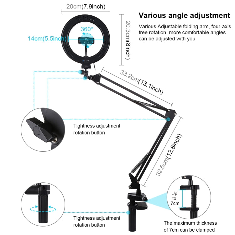 PULUZ 7,9 pollici 20 cm Anello Luce curva + Supporto da tavolo USB 3 modalità Dimmerabile Doppia temperatura colore LED Vlogging Selfie Fotografia Luci video con morsetto per telefono, 7.9 inch+Arm Stand