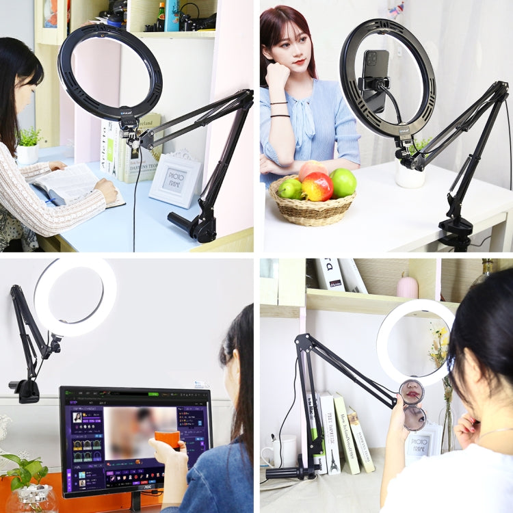 PULUZ 10.2 pollici 26 cm Luce curva ad anello + supporto da tavolo USB 3 modalità dimmerabile doppia temperatura colore LED Vlogging Selfie Fotografia Luci video con morsetto per telefono, 10.2 inch+Arm Stand