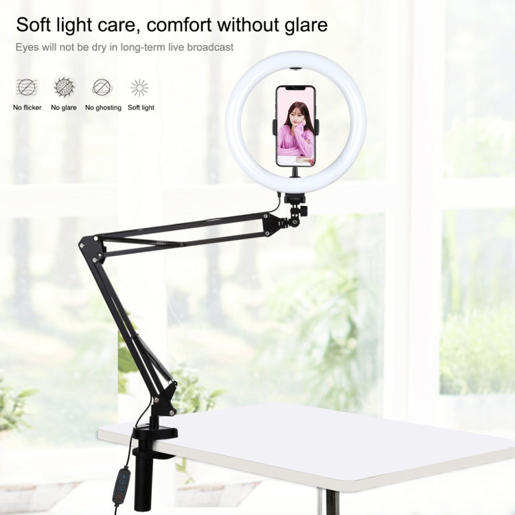 PULUZ 10.2 pollici 26 cm Luce curva ad anello + supporto da tavolo USB 3 modalità dimmerabile doppia temperatura colore LED Vlogging Selfie Fotografia Luci video con morsetto per telefono, 10.2 inch+Arm Stand