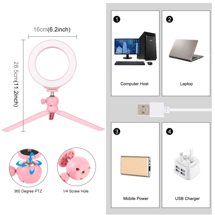 PULUZ 6.2 inch 16cm Light + Desktop Tripod Stand USB 3 Modes Dimmable LED Ring Vlogging Selfie Photography Video Lights with Cold Shoe Tripod Ball Head,6.2 inch+Desktop Tripod