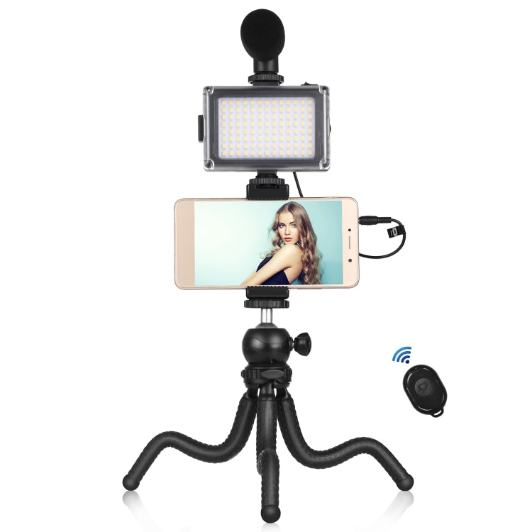 PULUZ 4 in 1 Vlogging Live Mini Octopus Staffa Kit + Luce da studio + Microfono + Kit di morsetti per telefono, 4 in 1 Tripod