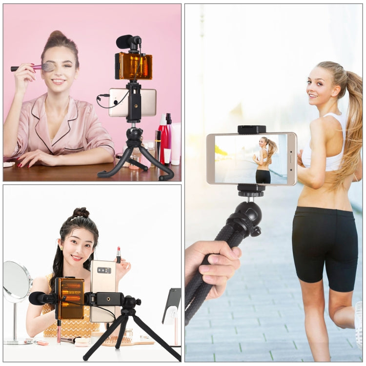 PULUZ 4 in 1 Vlogging Live Mini Octopus Staffa Kit + Luce da studio + Microfono + Kit di morsetti per telefono, 4 in 1 Tripod