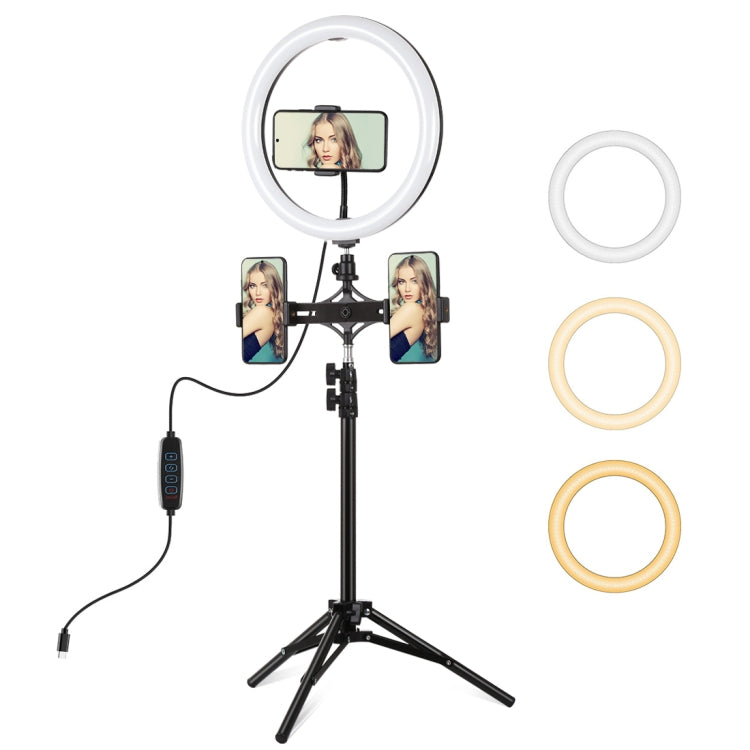 PULUZ Luce da 11,8 pollici 30 cm + Supporto per treppiede da 1,1 m + Staffe per doppio telefono Superficie curva Type-C 3 modalità Dimmerabile Doppia temperatura colore LED Anello Vlogging Luce video Kit di trasmissione dal vivo con morsetto per telefo...