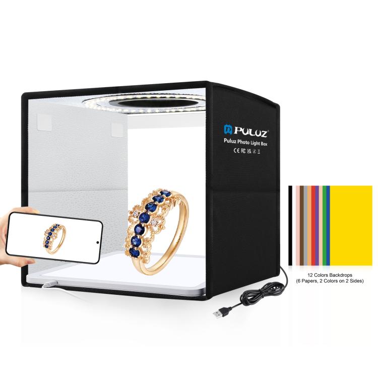 PULUZ 25 cm pieghevole portatile anello ad alto CRI LED illuminazione fotografica tenda da studio + pannello lampada a luce senza ombre con fondali a 12 colori, dimensioni: 25 cm x 25 cm x 25 cm, 25cm High CRI Box + Shadowless Light                    ...