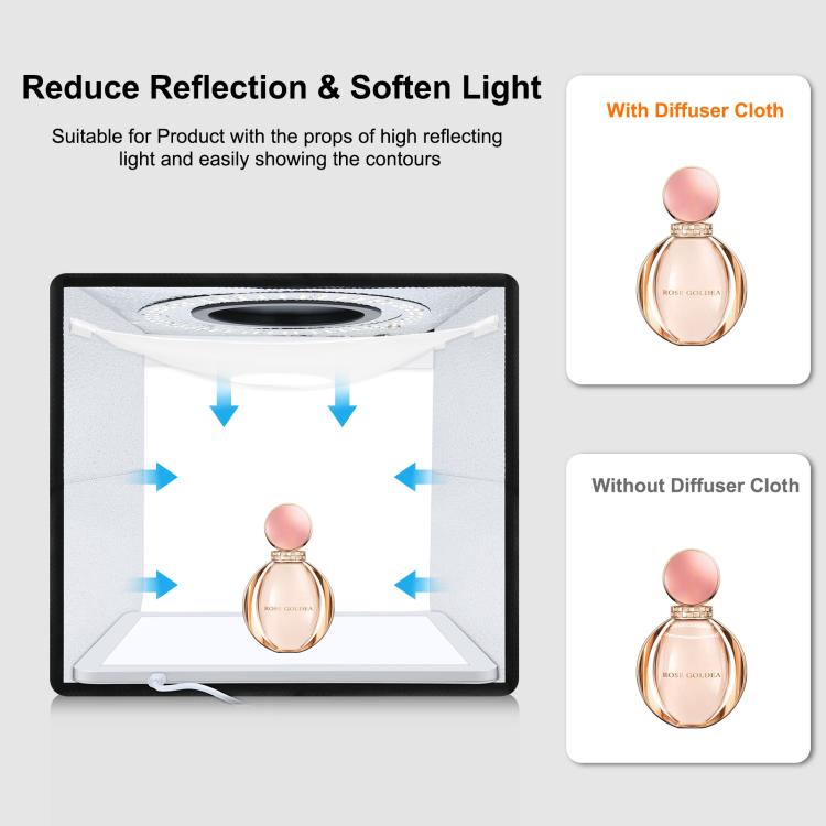 PULUZ 25 cm pieghevole portatile anello ad alto CRI LED illuminazione fotografica tenda da studio + pannello lampada a luce senza ombre con fondali a 12 colori, dimensioni: 25 cm x 25 cm x 25 cm, 25cm High CRI Box + Shadowless Light                    ...