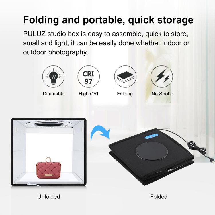 PULUZ 25 cm pieghevole portatile anello ad alto CRI LED illuminazione fotografica tenda da studio + pannello lampada a luce senza ombre con fondali a 12 colori, dimensioni: 25 cm x 25 cm x 25 cm, 25cm High CRI Box + Shadowless Light                    ...