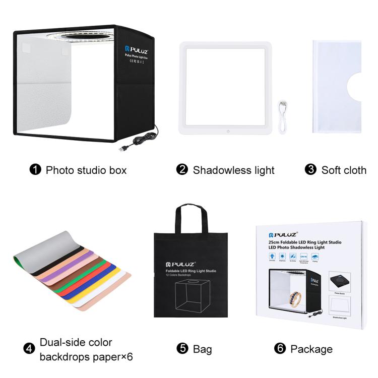 PULUZ 25 cm pieghevole portatile anello ad alto CRI LED illuminazione fotografica tenda da studio + pannello lampada a luce senza ombre con fondali a 12 colori, dimensioni: 25 cm x 25 cm x 25 cm, 25cm High CRI Box + Shadowless Light                    ...