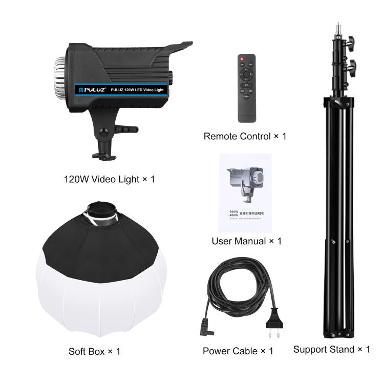 PULUZ 220V 150W 3200K-5600K Luce video da studio + supporto luce da 2,8 m + kit fotografico Softbox lanterna pieghevole da 65 cm, 120W 2700K-6500K Light 2.8m Light Holder Kit AU Plug, 120W 2700K-6500K Light 2.8m Light Holder Kit EU Plug                ...