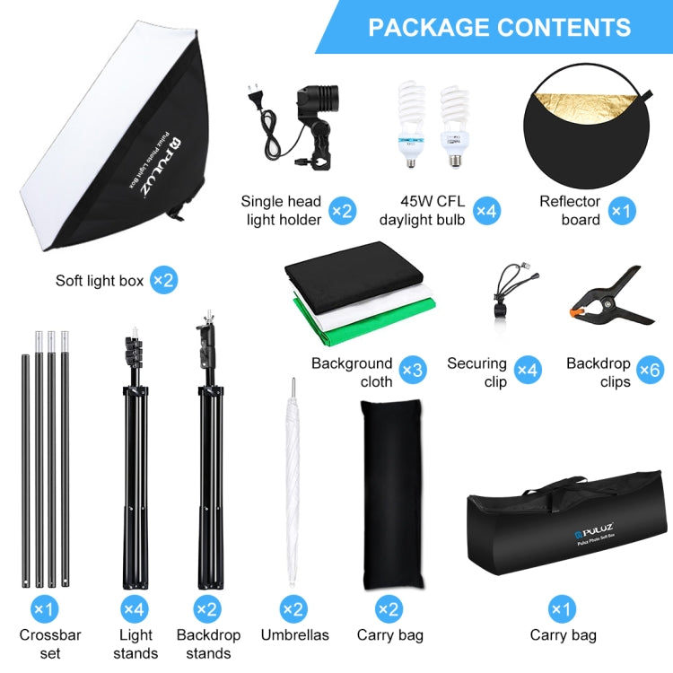 Kit fotografico Softbox da studio con luce LED PULUZ con sfondo, riflettente, supporto per treppiede e sacchi di sabbia, Photography Light  Kit, EU Plug, Photography Light  Kit, US Plug