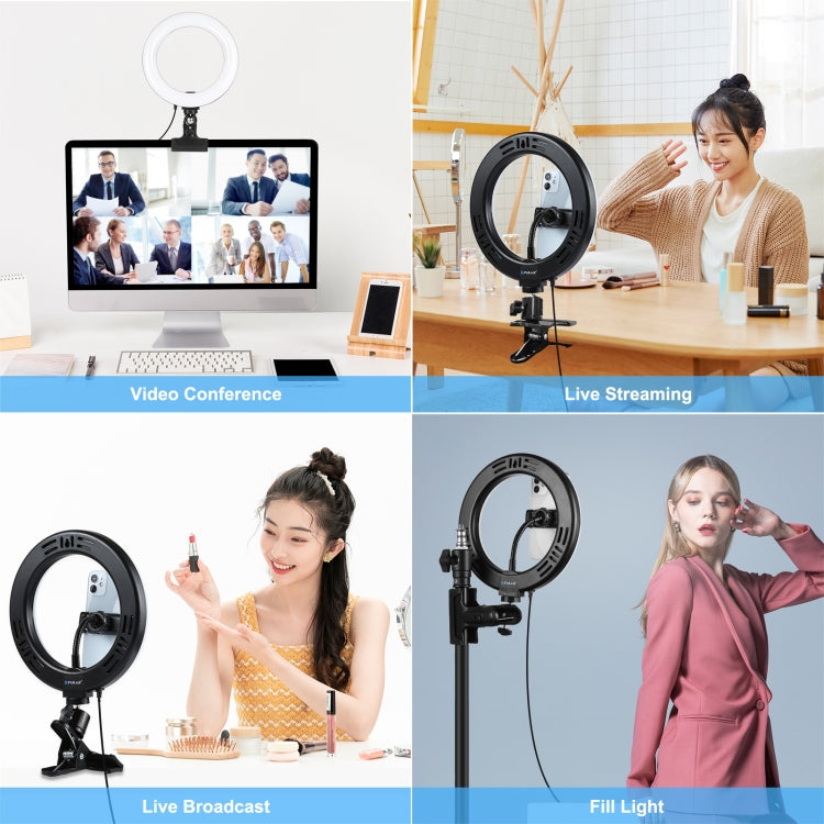 PULUZ 7,9 pollici 20 cm Anello Selfie Luce + Clip per monitor 3 modalità USB Dimmerabile Doppia temperatura colore LED Curvo Vlogging Fotografia Kit luci video con morsetto per telefono, 7.9 inch+Clip