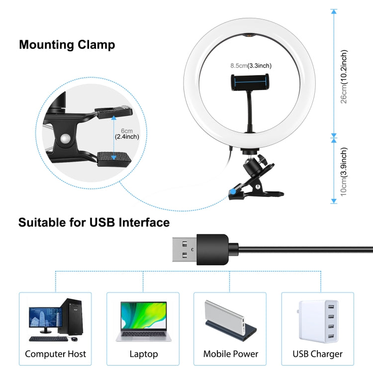 PULUZ 10.2 pollici 26 cm Anello luminoso + Clip per monitor USB 3 modalità Dimmerabile Doppia temperatura colore LED Curvo Diffuso Vlogging Selfie Bellezza Fotografia Luci video con morsetto per telefono, 10.2 inch+Clip